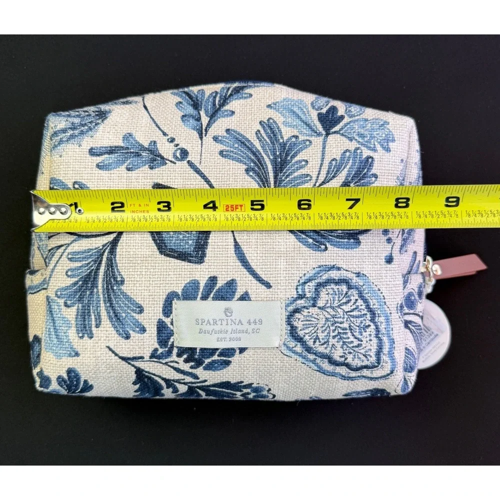 Spartina 449 Floral Linen Cosmetic Bag Blue Cream Toile Makeup Pouch Travel Case